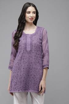 Women Hand Embroidered Purple Kota Lucknowi Chikankari Short Kurti With Slip