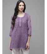 Women Hand Embroidered Purple Kota Lucknowi Chikankari Short Kurti With Slip