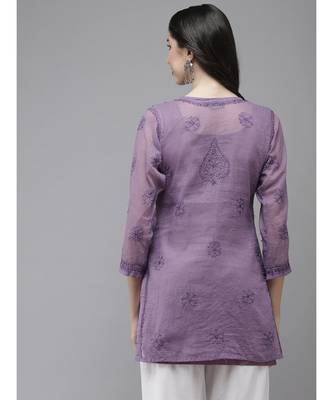 Women Hand Embroidered Purple Kota Lucknowi Chikankari Short Kurti With Slip 2