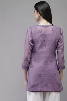 Women Hand Embroidered Purple Kota Lucknowi Chikankari Short Kurti With Slip