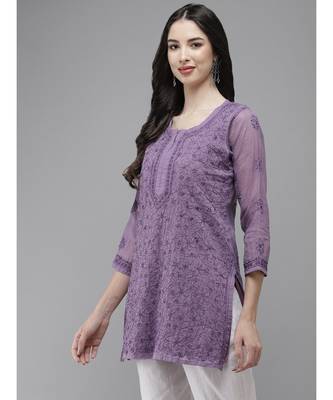 Women Hand Embroidered Purple Kota Lucknowi Chikankari Short Kurti With Slip 3