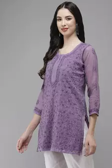 Women Hand Embroidered Purple Kota Lucknowi Chikankari Short Kurti With Slip