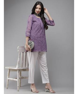 Women Hand Embroidered Purple Kota Lucknowi Chikankari Short Kurti With Slip 4