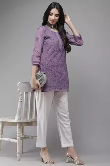 Women Hand Embroidered Purple Kota Lucknowi Chikankari Short Kurti With Slip