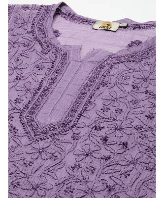 Women Hand Embroidered Purple Kota Lucknowi Chikankari Short Kurti With Slip 5