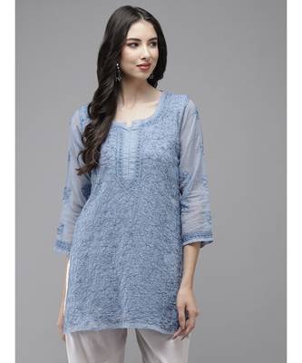 Women Hand Embroidered Blue Kota Lucknow Chikankari Short Kurti With Slip 1