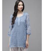 Women Hand Embroidered Blue Kota Lucknow Chikankari Short Kurti With Slip