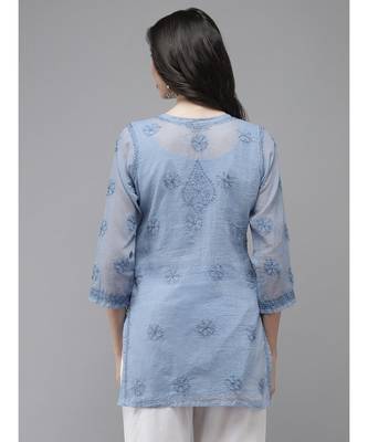 Women Hand Embroidered Blue Kota Lucknow Chikankari Short Kurti With Slip 2