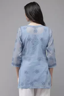 Women Hand Embroidered Blue Kota Lucknow Chikankari Short Kurti With Slip
