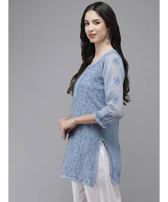 Women Hand Embroidered Blue Kota Lucknow Chikankari Short Kurti With Slip 3