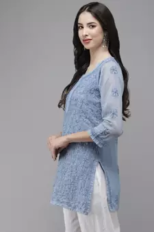 Women Hand Embroidered Blue Kota Lucknow Chikankari Short Kurti With Slip