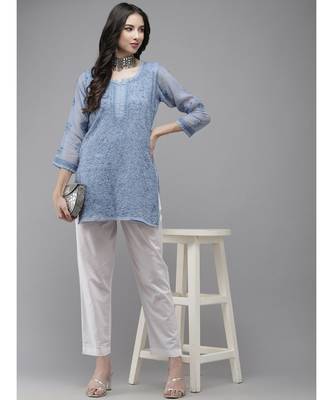 Women Hand Embroidered Blue Kota Lucknow Chikankari Short Kurti With Slip 4