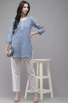 Women Hand Embroidered Blue Kota Lucknow Chikankari Short Kurti With Slip