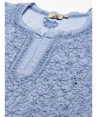 Women Hand Embroidered Blue Kota Lucknow Chikankari Short Kurti With Slip 5