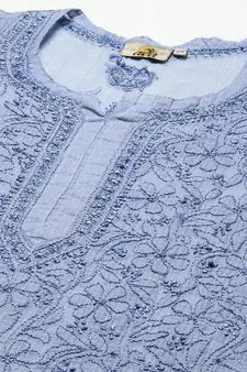 Women Hand Embroidered Blue Kota Lucknow Chikankari Short Kurti With Slip