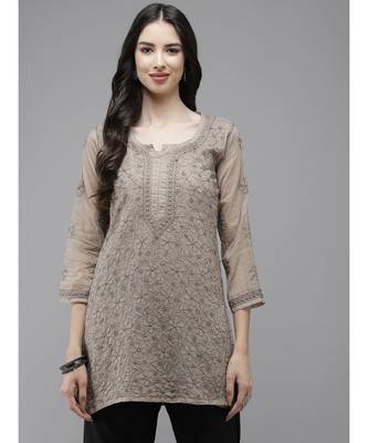 Women Hand Embroidered Greige Grey Kota Lucknow Chikankari Short Kurti With Slip 1