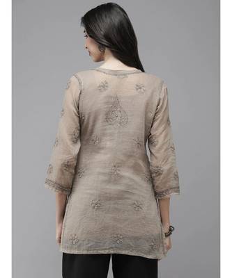 Women Hand Embroidered Greige Grey Kota Lucknow Chikankari Short Kurti With Slip 2
