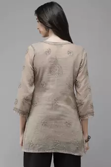 Women Hand Embroidered Greige Grey Kota Lucknow Chikankari Short Kurti With Slip