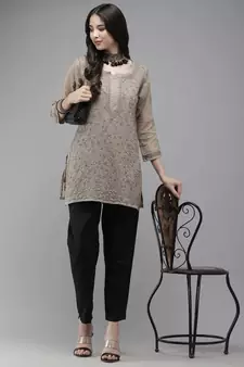 Women Hand Embroidered Greige Grey Kota Lucknow Chikankari Short Kurti With Slip