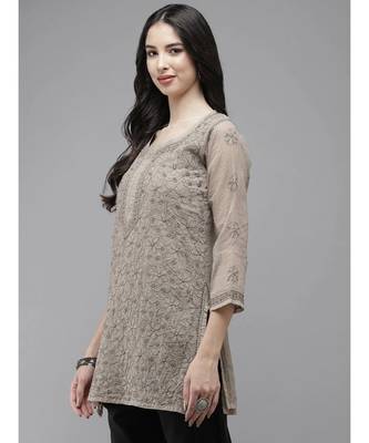 Women Hand Embroidered Greige Grey Kota Lucknow Chikankari Short Kurti With Slip 4
