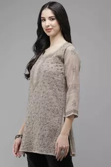 Women Hand Embroidered Greige Grey Kota Lucknow Chikankari Short Kurti With Slip