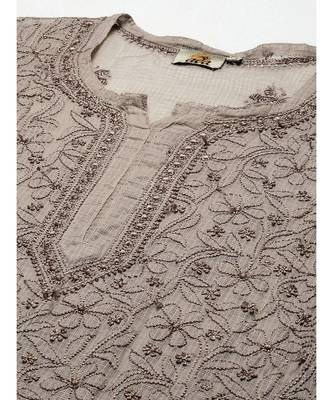 Women Hand Embroidered Greige Grey Kota Lucknow Chikankari Short Kurti With Slip 5