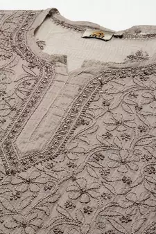 Women Hand Embroidered Greige Grey Kota Lucknow Chikankari Short Kurti With Slip