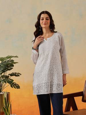 Women Hand Embroidered White Kota Lucknow Chikankari Short Kurti With Slip 1