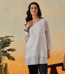 Women Hand Embroidered White Kota Lucknow Chikankari Short Kurti With Slip