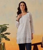 Women Hand Embroidered White Kota Lucknow Chikankari Short Kurti With Slip