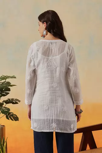 Women Hand Embroidered White Kota Lucknow Chikankari Short Kurti With Slip
