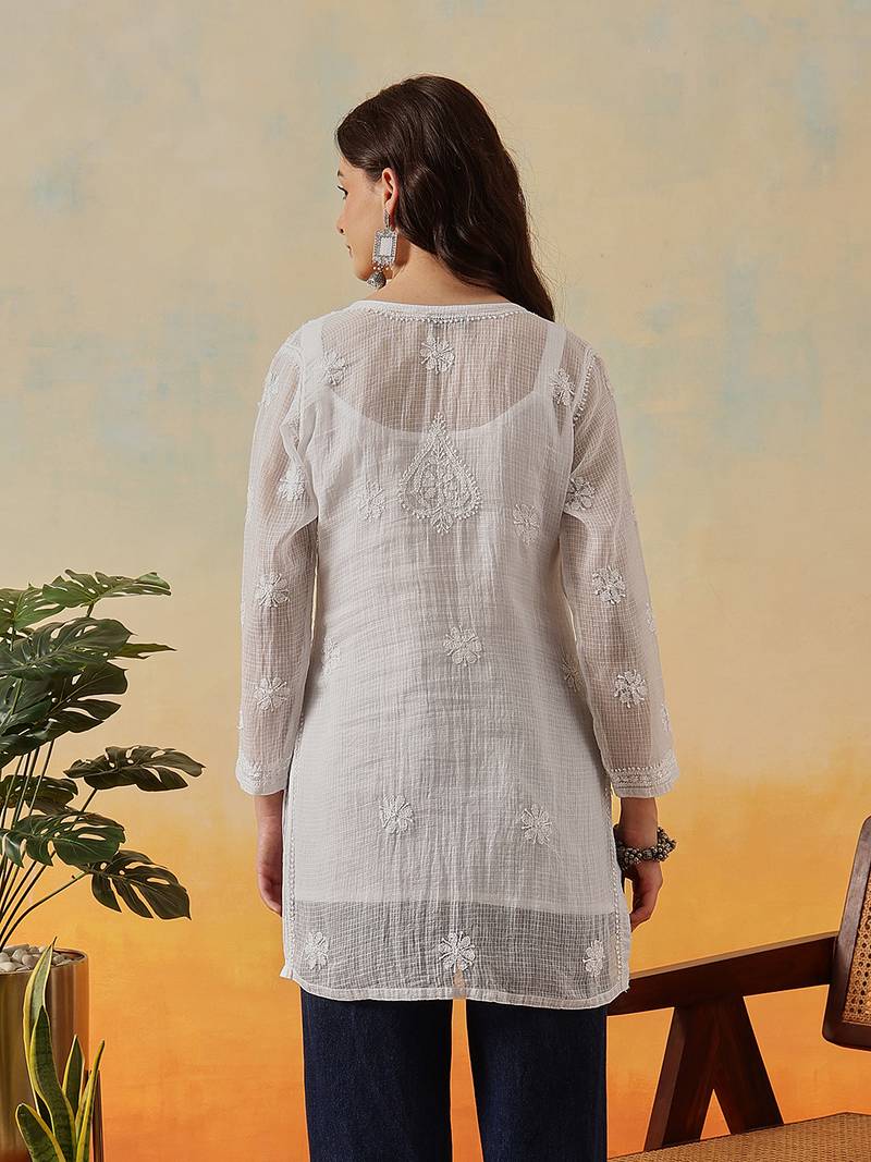 Women Hand Embroidered White Kota Lucknow Chikankari Short Kurti With Slip