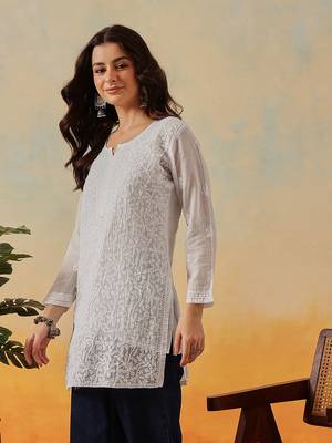 Women Hand Embroidered White Kota Lucknow Chikankari Short Kurti With Slip 3