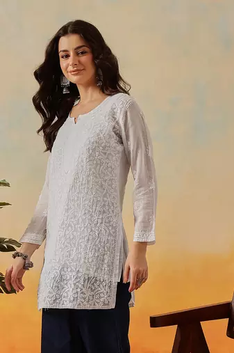 Women Hand Embroidered White Kota Lucknow Chikankari Short Kurti With Slip