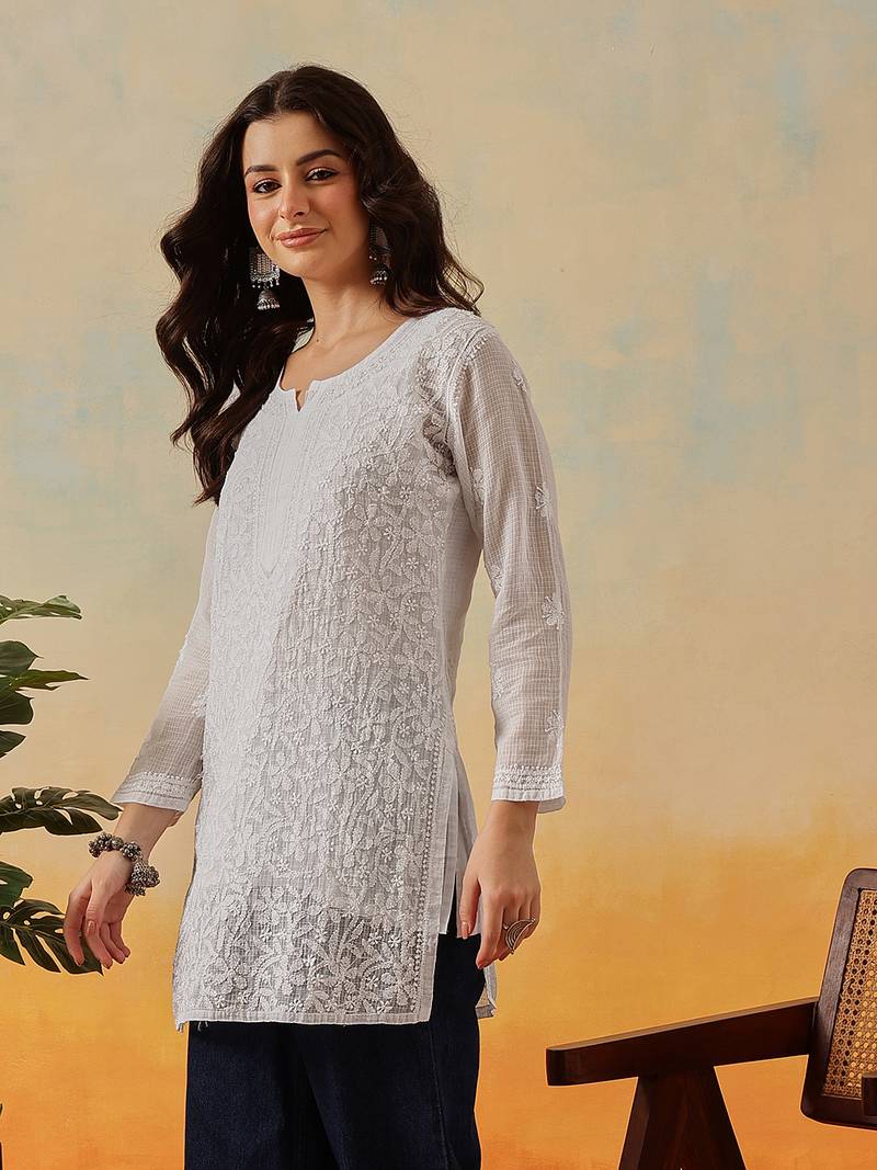 Women Hand Embroidered White Kota Lucknow Chikankari Short Kurti With Slip