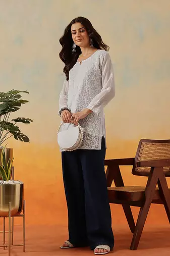 Women Hand Embroidered White Kota Lucknow Chikankari Short Kurti With Slip