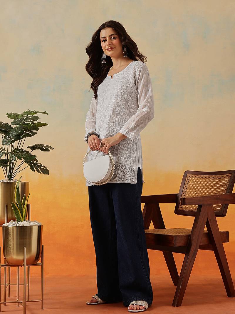 Women Hand Embroidered White Kota Lucknow Chikankari Short Kurti With Slip