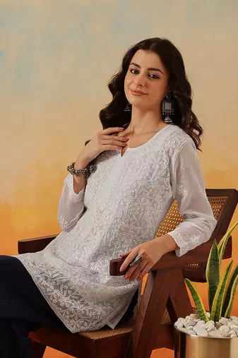 Women Hand Embroidered White Kota Lucknow Chikankari Short Kurti With Slip