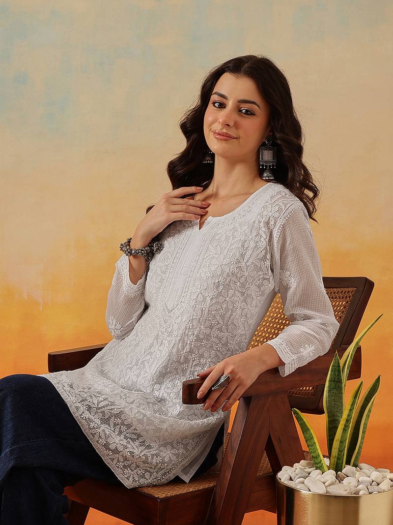 Women Hand Embroidered White Kota Lucknow Chikankari Short Kurti With Slip