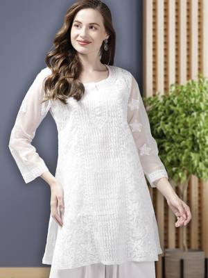 Women Hand Embroidered White Organza Lucknow Chikankari Short Kurti With Slip 1