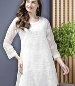 Women Hand Embroidered White Organza Lucknow Chikankari Short Kurti With Slip