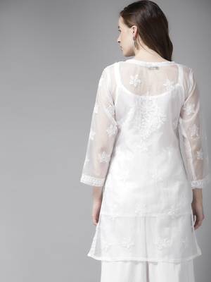 Women Hand Embroidered White Organza Lucknow Chikankari Short Kurti With Slip 2