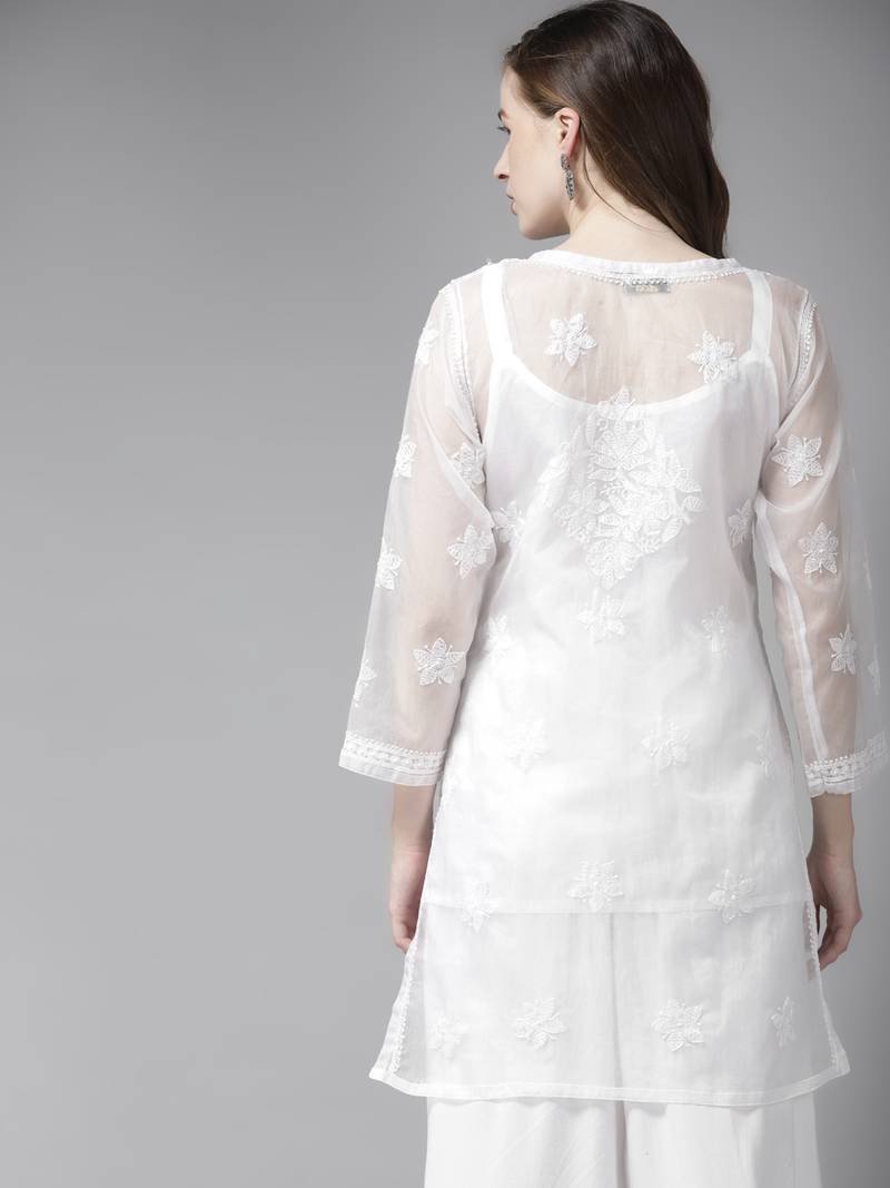 Women Hand Embroidered White Organza Lucknow Chikankari Short Kurti With Slip