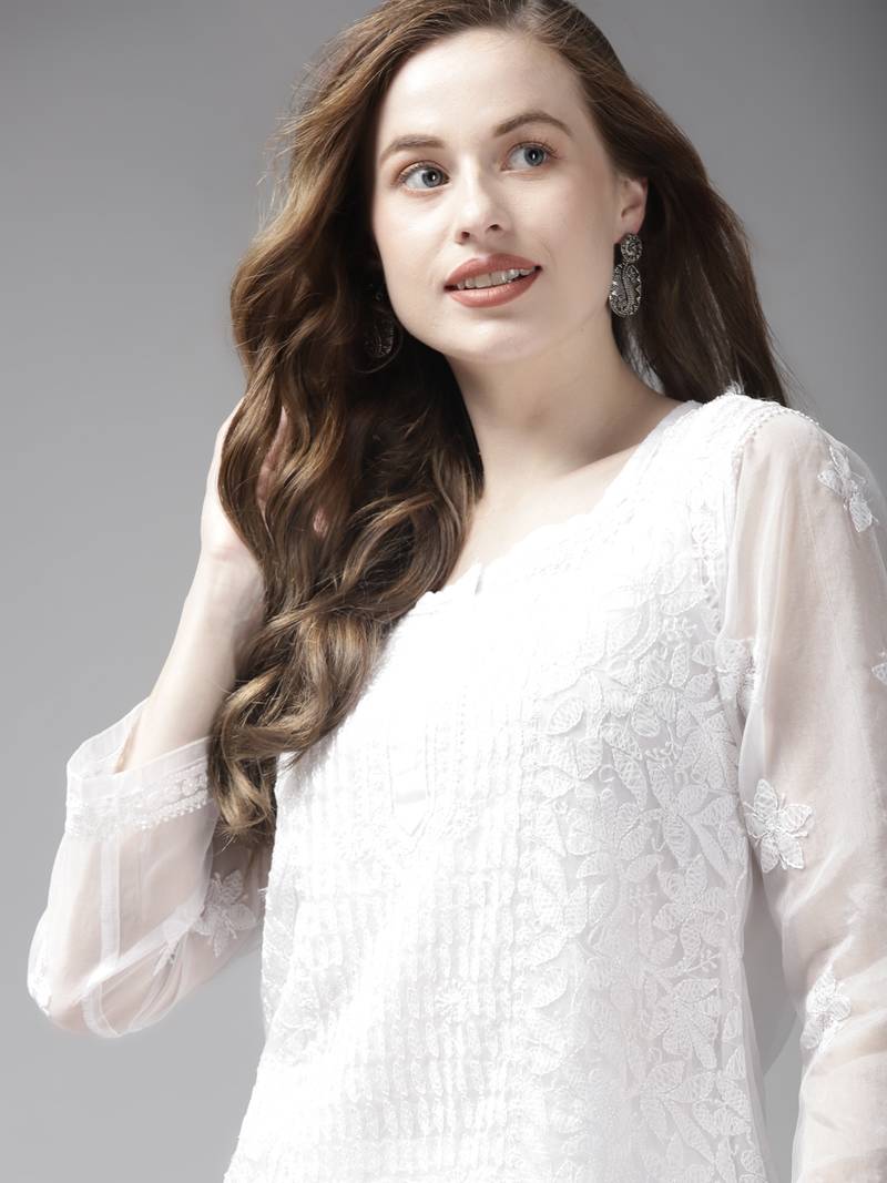 Women Hand Embroidered White Organza Lucknow Chikankari Short Kurti With Slip