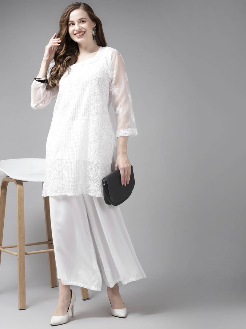 Women Hand Embroidered White Organza Lucknow Chikankari Short Kurti With Slip