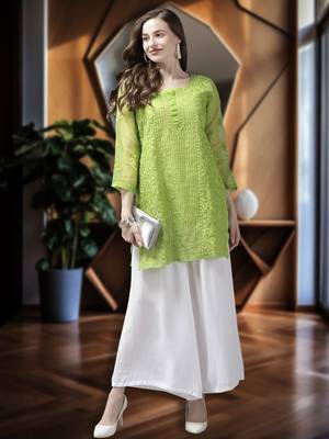 Ada Women Hand Embroidered Green Organza Lucknow Chikankari Short Kurti With Slip - A911161 1