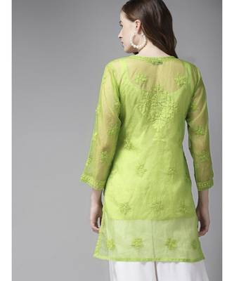 Ada Women Hand Embroidered Green Organza Lucknow Chikankari Short Kurti With Slip - A911161 2