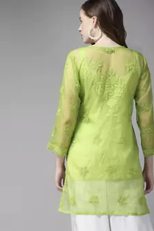 Ada Women Hand Embroidered Green Organza Lucknow Chikankari Short Kurti With Slip - A911161
