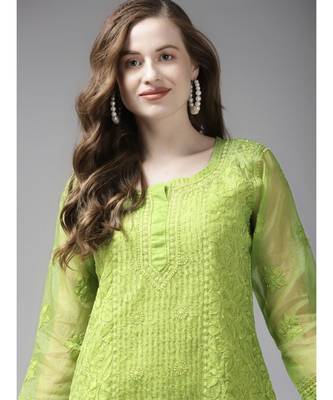 Ada Women Hand Embroidered Green Organza Lucknow Chikankari Short Kurti With Slip - A911161 3