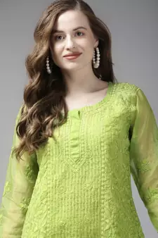 Ada Women Hand Embroidered Green Organza Lucknow Chikankari Short Kurti With Slip - A911161